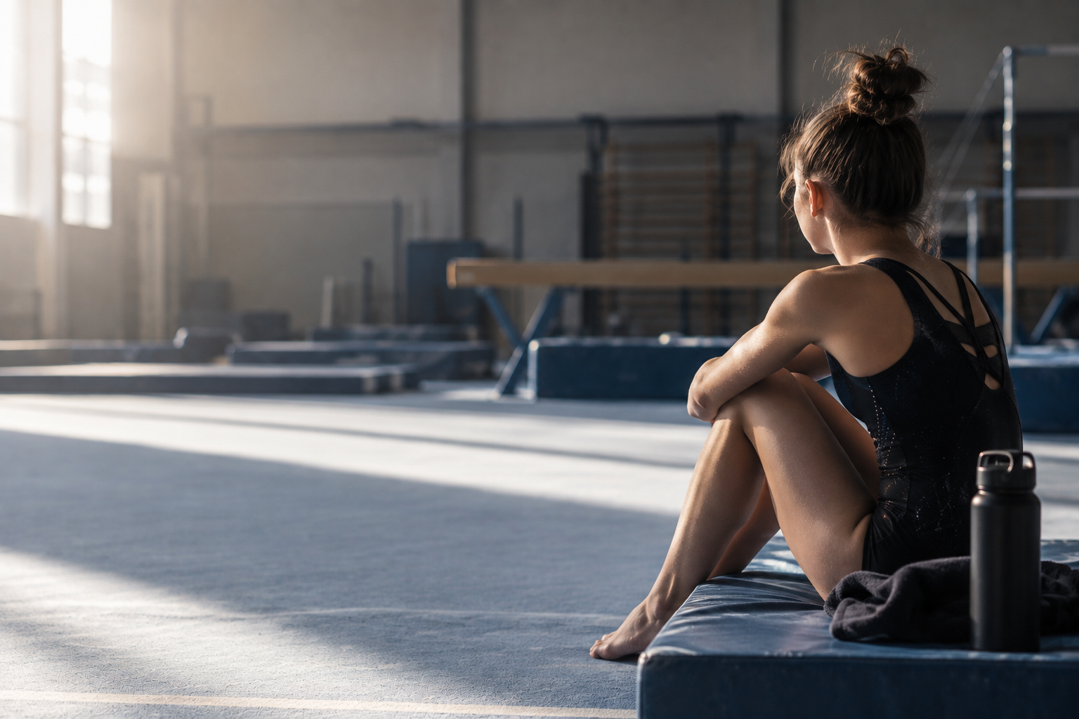 Ginnasta seduta su un materassino durante una pausa dell'allenamento in palestra